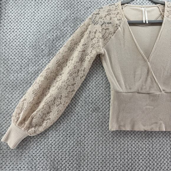 Anthropologie Sweater Womens XS Cream Rib Knit Lace Bishop Long Sleeve Surplice - Picture 6 of 15